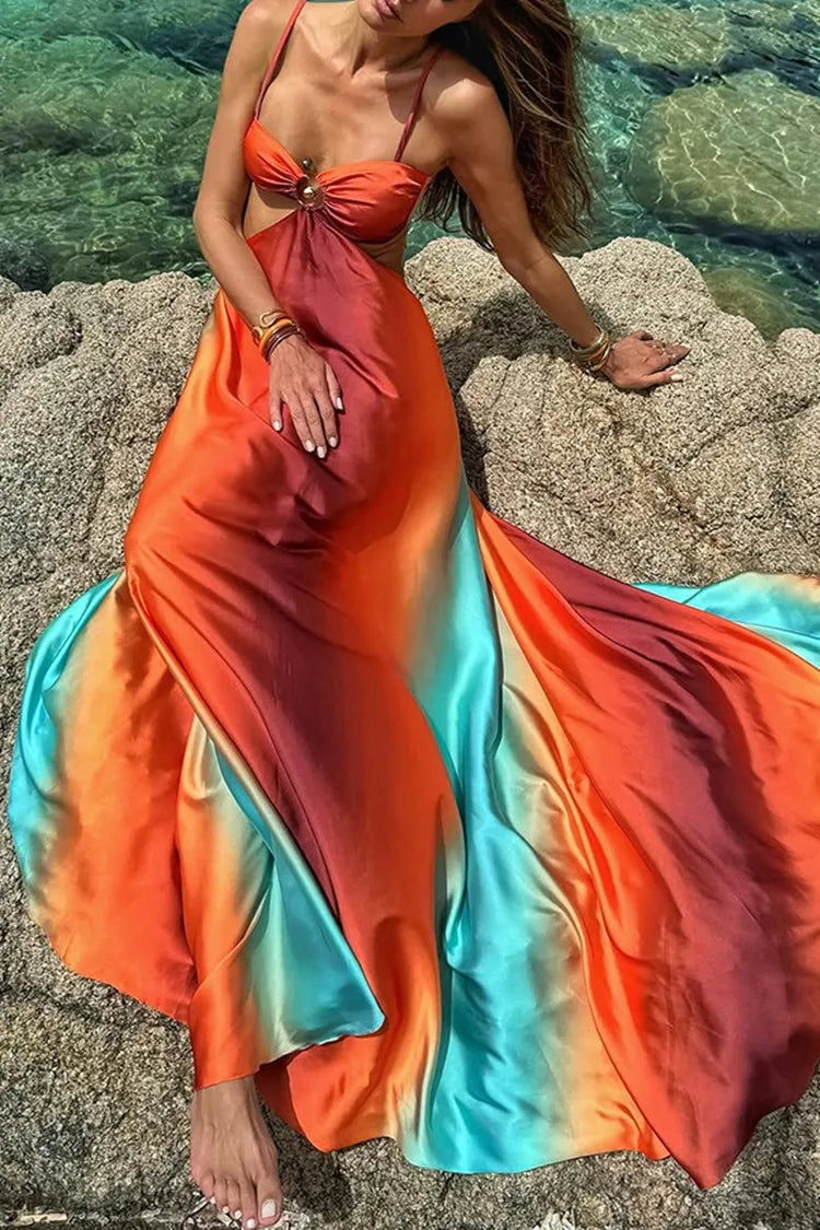Héra - ROBE LONGUE FENDUE ORANGE ET TUQUOISE