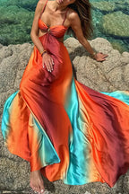 Héra - ROBE LONGUE FENDUE ORANGE ET TUQUOISE